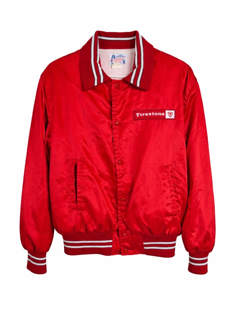 Vintage Firestone Racing Jacket Red Satin Bomber Snap Front Large